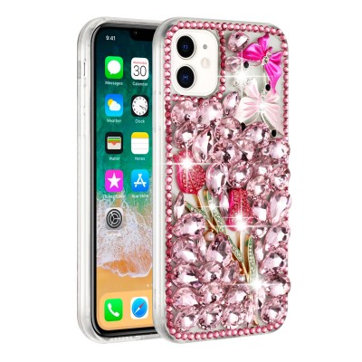 For Apple iPhone 11 (XI6.1) Full Diamond with Ornaments Case Cover - Pearl Flowers with Perfume Light Pink