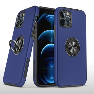 For Apple iPhone XR CHIEF Oil Painted Magnetic Ring Stand Hybrid Case Cover - Dark Blue