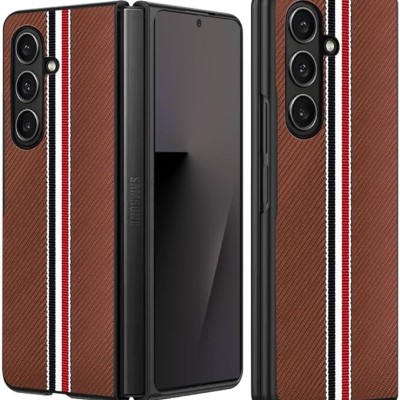 For Samsung Z Fold 7 Velvet Fabric Flip Phone Premium PU Vegan Leather Cover Case - Brown