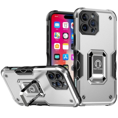 For iPhone 16 Pro 6.3 inch OPTIMUM Magnetic Ring Stand Hybrid Case Cover - Silver