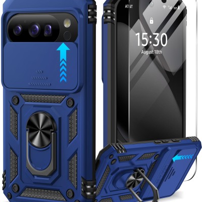 For Pixel 10 Pro XL Well Protective Magentic Ring Stand Camera  Protective Cover Case - Blue