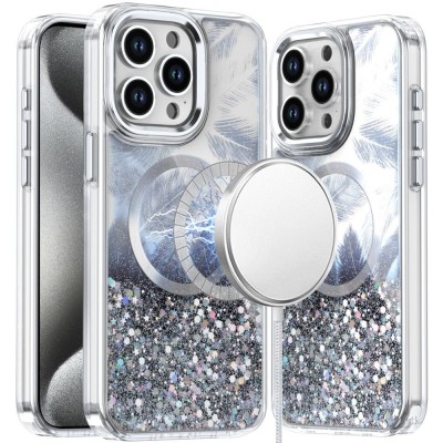 For iP15 Pro Max Epoxy Glitter [Magnetic Circle] ShockProof Hybrid 2.5mm Thick - Black