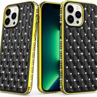 For Apple iPhone 14 PRO 6.1" Radiant Chrome Diamonds Hybrid Case Cover - Black