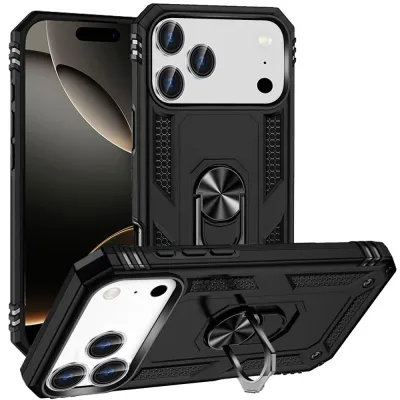 For iPhone 17 Pro Max Ring Magnetic Kickstand Hybrid Case Cover- Black