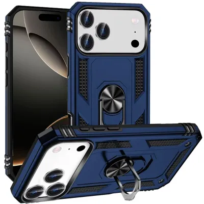 For iPhone 17 Pro Max Ring Magnetic Kickstand Hybrid Case Cover- Blue