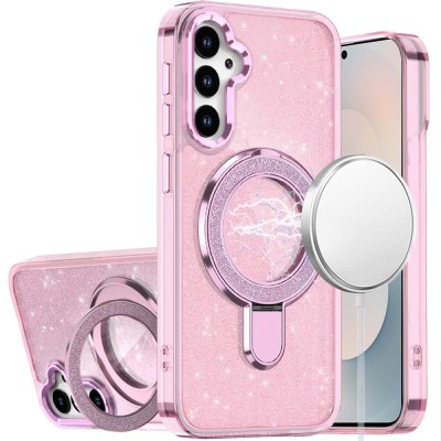 For Samsung s26 Plus Transparent Glitter Rotaional Magnetic Ring Stand HQ Hybrid - Light Pink