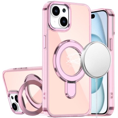 For iPhone 15 CHROME HQ Rotational Magnetic Ring Hybrid - Light Pink