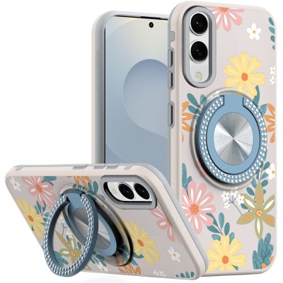 For Samsung Galaxy s25 Edge Metal Diamond CD Pattern Design Matte Finished Hybrid with Rotational Ring [Car Mount Friendly] Case - Floral E