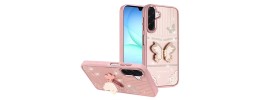 For Samsung A17 5G Splendid Glitter Butterfly Design Stand with  Metallic Edges Hybrid Case - Rose Gold
