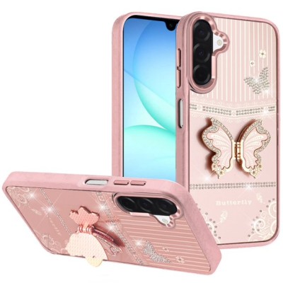 For Samsung A17 5G Splendid Glitter Butterfly Design Stand with  Metallic Edges Hybrid Case - Rose Gold