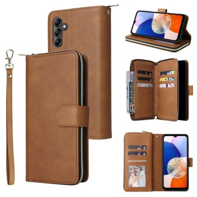 For Samsung A15 5G Luxury Wallet Card ID Zipper Money Holder - Brown