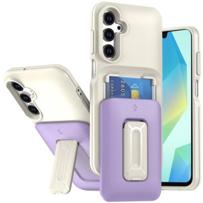 For Samsung A16 5G Card Holder (2X) with Wrist Strap Hybrid With  KickStand - Beige+Light Purple