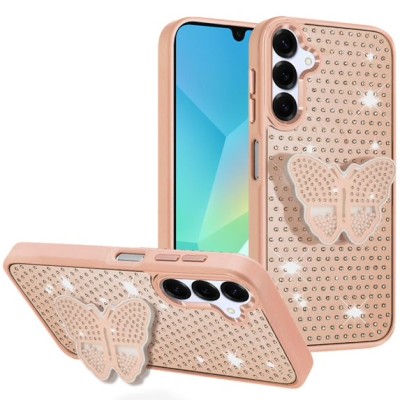 For Samsung A16 5G Butterfly Moveable Grip Stand With Small  Diamonds Meta Buttons HQ Hybrid - Rose Gold