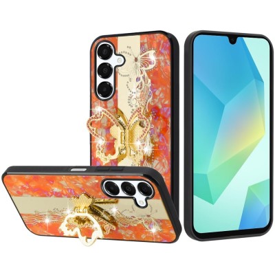 For Samsung A16 5G SPLENDID Diamond Glitter Ornaments Engraving Case Cover - Enchanted Butterfly Cosmic Orange