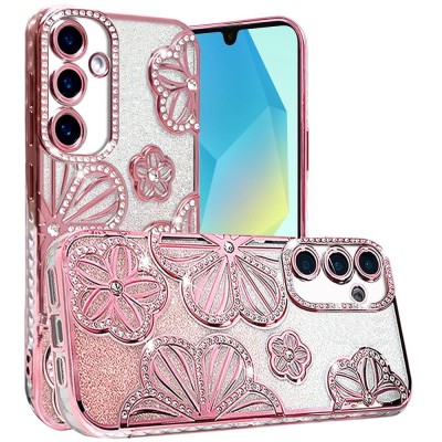 For Samsung A16 5G Shimmer Glitter Floral Design Thick TPU Case Cover - Rose Gold