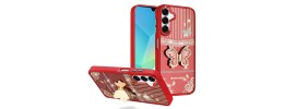 For Samsung A16 5G Splendid Glitter Butterfly Design Stand with Metallic Edges Hybrid Case - Cosmic Orange