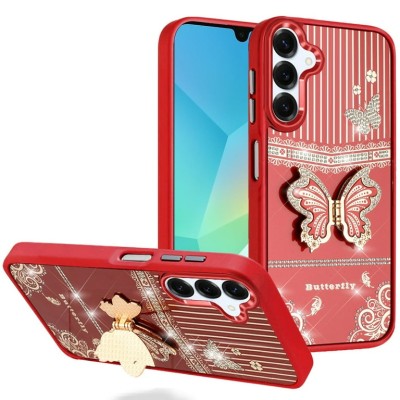 For Samsung A16 5G Splendid Glitter Butterfly Design Stand with Metallic Edges Hybrid Case - Cosmic Orange