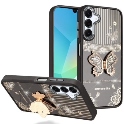 For Samsung A16 5G Splendid Glitter Butterfly Design Stand with Metallic Edges Hybrid Case - Black