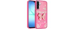 For Samsung A17 5G Butterfly Moveable Grip Stand With Small Diamonds Meta Buttons HQ Hybrid - Pink