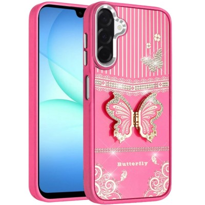 For Samsung A17 5G Butterfly Moveable Grip Stand With Small Diamonds Meta Buttons HQ Hybrid - Pink