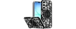 For Samsung A17 5G Metal Diamond CD Pattern Design Matte Finished Hybrid with Rotational Ring [Car Mount Friendly] Case - Black & White Floral