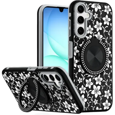 For Samsung A17 5G Metal Diamond CD Pattern Design Matte Finished Hybrid with Rotational Ring [Car Mount Friendly] Case - Black & White Floral