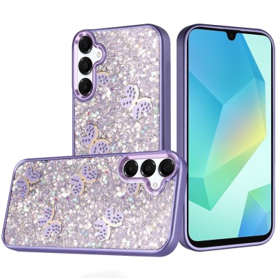 For Samsung A17 5G Cute Butterfly Ornaments Diamonds Shimmer Matching Metallic HQ Hybrid - Dark Purple