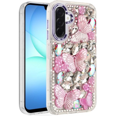 For Samsung A17 5G Cute Butterfly Ornaments Diamonds Shimmer Matching Metallic HQ Hybrid - Rose Gold