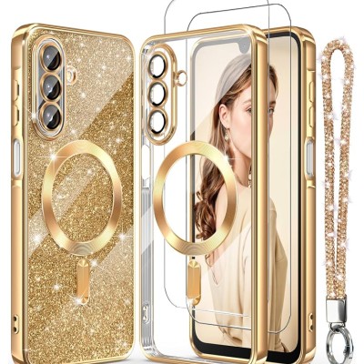 For Samsung A17 5G Glitz HQ Shimmer Glitter [Magnetic Ring Circle] with 360 degree Rotational Ring Kickstand Tough Hybrid Case - Gold