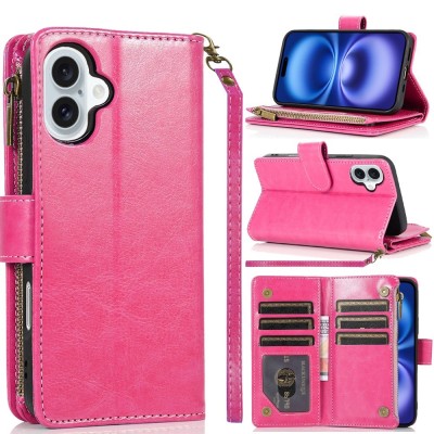 For Samsung A17 5G Luxury Wallet Card ID Zipper Money Holder Case Cover - Hot Pink
