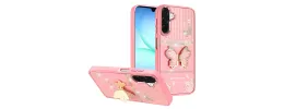 For Samsung A17 5G Splendid Glitter Butterfly Design Stand with Metallic Edges Hybrid Case - Light Pink