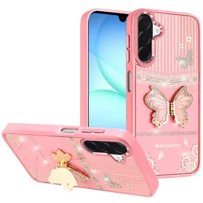 For Samsung A17 5G Splendid Glitter Butterfly Design Stand with Metallic Edges Hybrid Case - Light Pink