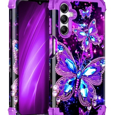 For Samsung A17 5G Splendid Glitter Butterfly Design Stand with  Metallic Edges Hybrid Case - Dark Purple
