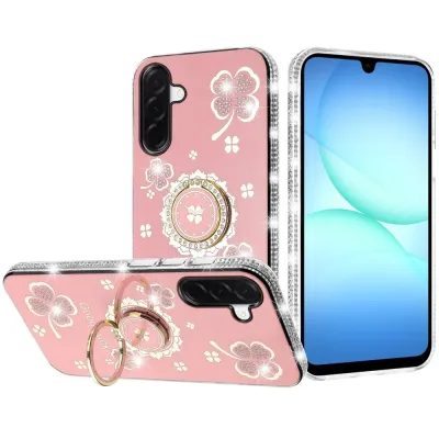 For Samsung A17 5G Splendid Glitter with Diamonds All Around Edges Ring Stand Case Cover - Pink
