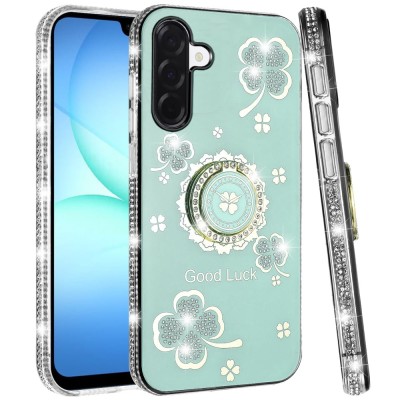 For Samsung A17 5G Splendid Glitter with Diamonds All Around Edges Ring Stand Case Cover - Teal