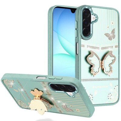 For Samsung A17 5G Splendid Glitter Butterfly Design Stand with  Metallic Edges Hybrid Case - Teal