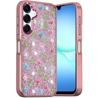 For Samsung A17 5G Stick-On Embedded Glass Diamonds of  Colorful Floral Arrangement HQ Hybrid Case - Rose Gold