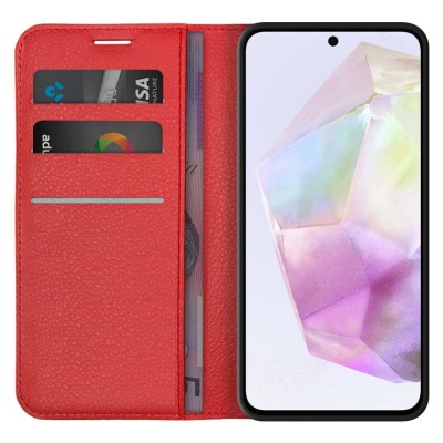 For Samsung A35 5g Wallet PU Vegan Leather ID Card Money Holder with Magnetic Closure in Slide-Out Package - Hot Pink