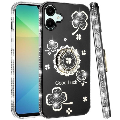 For Samsung A06 Splendid Glitter with Diamonds All Around Edges Ring Stand - Black