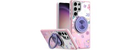 For Samsung S23 Ultra Metal Diamond CD Pattern Design Matte  Finished Hybrid with Rotational Ring [Car Mount Friendly] Case  Floral C