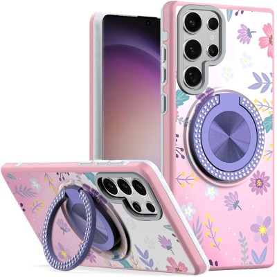 For Samsung S23 Ultra Metal Diamond CD Pattern Design Matte  Finished Hybrid with Rotational Ring [Car Mount Friendly] Case  Floral C