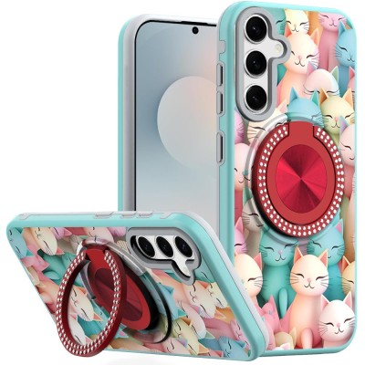 For Samsung s25 FE Metal Diamond CD Pattern Design Matte  Finished Hybrid with Rotational Ring [Car Mount Friendly] Case  Cats
