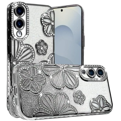 For Samsung Galaxy s25 Edge Shimmer Glitter Floral Design Thick TPU Case Cover - Black