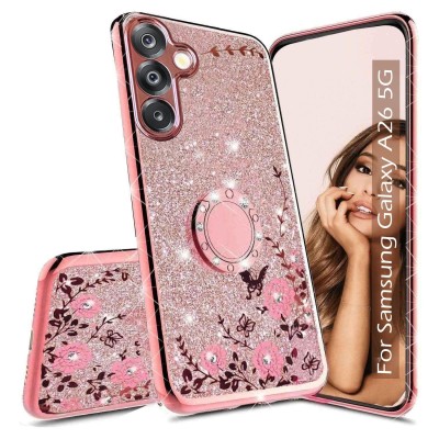 For Samsung Galaxy A26 Shimmer Glitter Floral Design Thick TPU Case Cover - Rose Gold
