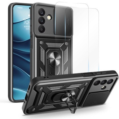 For Samsung Galaxy A26 Utter Tough Metal Ring Movable Camera Window Hybrid Case Cover - Black