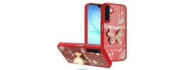 For Samsung Galaxy A36 / A56 Splendid Glitter Butterfly Design Stand with Metallic Edges Hybrid Case - Red