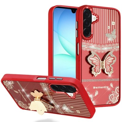 For Samsung Galaxy A36 / A56 Splendid Glitter Butterfly Design Stand with Metallic Edges Hybrid Case - Red