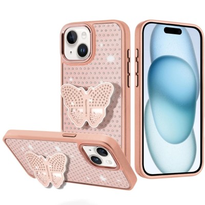 For Samsung Galaxy A36 Butterfly Moveable Grip Stand With Small  Diamonds Meta Buttons HQ Hybrid - Blac