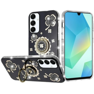 For Samsung Galaxy A36 Splendid Glitter with Diamonds All Around Edges Ring Stand Case Cover - Black