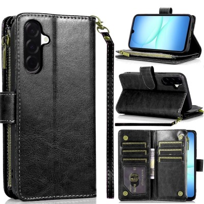 For Samsung Galaxy A37 Luxury Wallet Card ID Zipper Money Holder Case Cover - Black